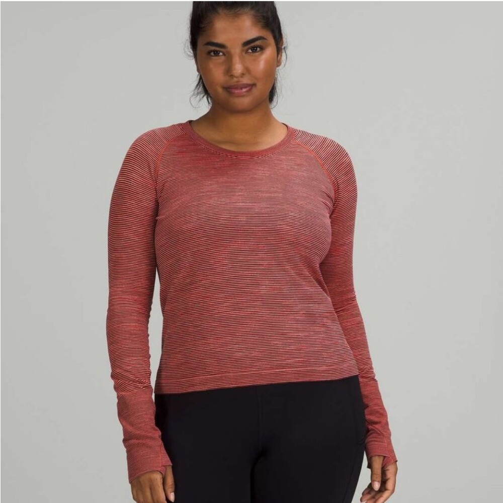 Lululemon Swiftly Tech Long Sleeve Race Length Chroma Check Stripe Raspberry